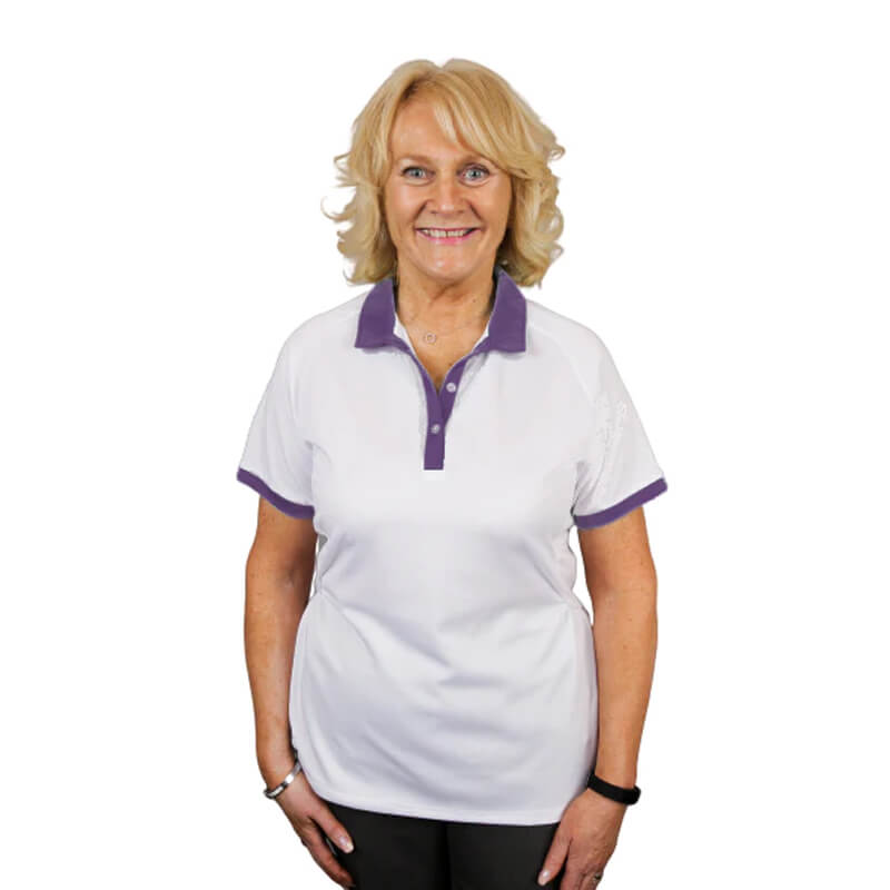 Buy EMSMORN LADIES FLARE BLOUSE WHITE-PURPLE TRIM